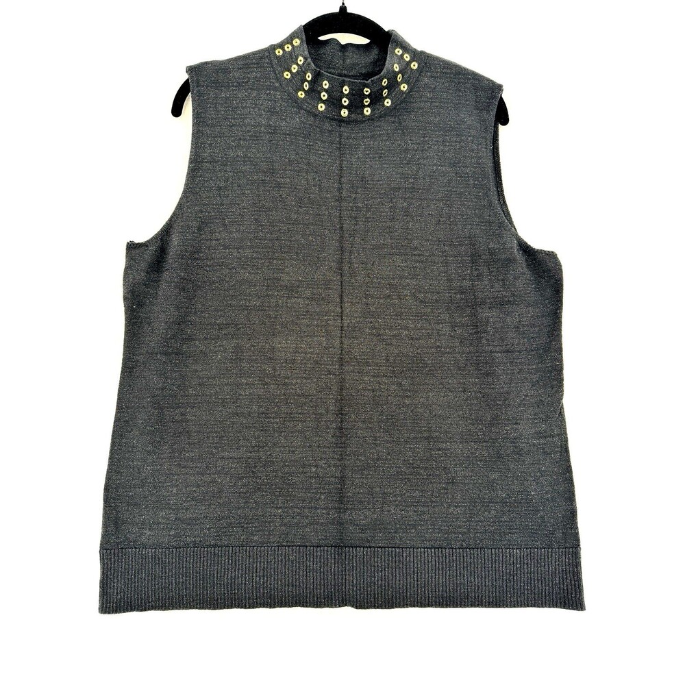 Black Rivet Metallic Sweater Vest XL Gray Gold Grommet Mock Neck Sleeveless Top
